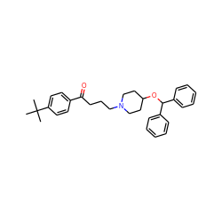 CC(C)(C)c1ccc(C(=O)CCCN2CCC(OC(c3ccccc3)c3ccccc3)CC2)cc1 ZINC000003781952