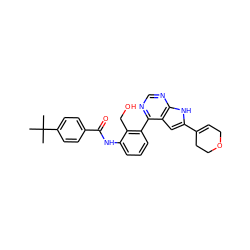 CC(C)(C)c1ccc(C(=O)Nc2cccc(-c3ncnc4[nH]c(C5=CCOCC5)cc34)c2CO)cc1 ZINC000142935554