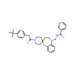 CC(C)(C)c1ccc(CC(=O)N2CCC3(CC2)CCN(CNC(=O)c2cccnc2)c2ccccc2O3)cc1 ZINC000095593103