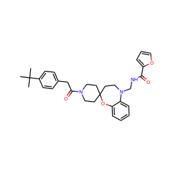 CC(C)(C)c1ccc(CC(=O)N2CCC3(CC2)CCN(CNC(=O)c2ccco2)c2ccccc2O3)cc1 ZINC000095595099