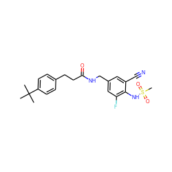 CC(C)(C)c1ccc(CCC(=O)NCc2cc(F)c(NS(C)(=O)=O)c(C#N)c2)cc1 ZINC000040879654