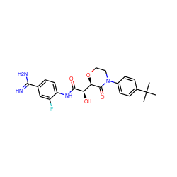 CC(C)(C)c1ccc(N2CCO[C@H]([C@@H](O)C(=O)Nc3ccc(C(=N)N)cc3F)C2=O)cc1 ZINC000117616310