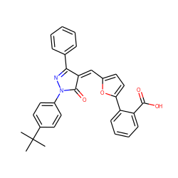 CC(C)(C)c1ccc(N2N=C(c3ccccc3)/C(=C/c3ccc(-c4ccccc4C(=O)O)o3)C2=O)cc1 ZINC000653836254