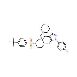 CC(C)(C)c1ccc(S(=O)(=O)N2CCC3=Cc4c(cnn4-c4ccc(F)cc4)C[C@]3(CN3CCCCC3)C2)cc1 ZINC000029128157