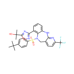 CC(C)(C)c1ccc(S(=O)(=O)N2Cc3ccc(C(F)(F)F)nc3Nc3cccc(-c4noc(C(C)(C)O)n4)c32)cc1 ZINC000095554698