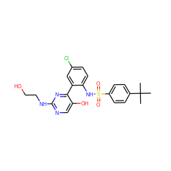 CC(C)(C)c1ccc(S(=O)(=O)Nc2ccc(Cl)cc2-c2nc(NCCO)ncc2O)cc1 ZINC000474609094