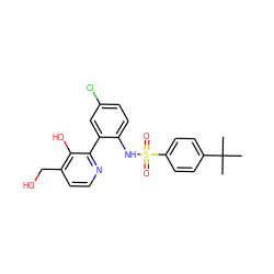 CC(C)(C)c1ccc(S(=O)(=O)Nc2ccc(Cl)cc2-c2nccc(CO)c2O)cc1 ZINC000474609749