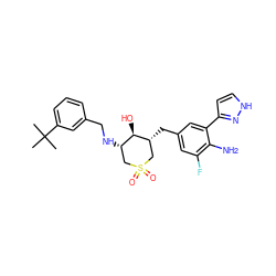 CC(C)(C)c1cccc(CN[C@H]2CS(=O)(=O)C[C@@H](Cc3cc(F)c(N)c(-c4cc[nH]n4)c3)[C@@H]2O)c1 ZINC000059048656