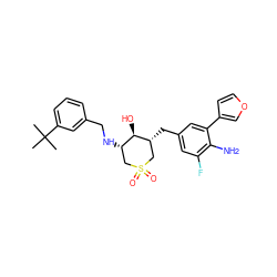 CC(C)(C)c1cccc(CN[C@H]2CS(=O)(=O)C[C@@H](Cc3cc(F)c(N)c(-c4ccoc4)c3)[C@@H]2O)c1 ZINC000084653845