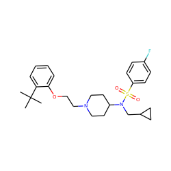 CC(C)(C)c1ccccc1OCCN1CCC(N(CC2CC2)S(=O)(=O)c2ccc(F)cc2)CC1 ZINC000653810003