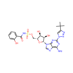 CC(C)(C)c1cn(-c2nc(N)c3ncn([C@@H]4O[C@H](COS(=O)(=O)NC(=O)c5ccccc5O)[C@@H](O)[C@H]4O)c3n2)nn1 ZINC000044350947