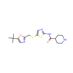 CC(C)(C)c1cnc(CSc2cnc(NC(=O)C3CCNCC3)s2)o1 ZINC000003816409