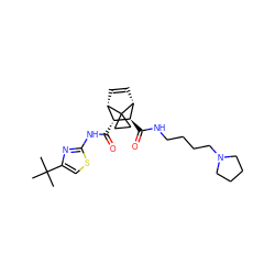 CC(C)(C)c1csc(NC(=O)[C@@H]2[C@@H]3C=C[C@H]([C@H]2C(=O)NCCCCN2CCCC2)C32CC2)n1 ZINC000168399651