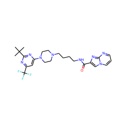 CC(C)(C)c1nc(N2CCN(CCCCNC(=O)c3cn4cccnc4n3)CC2)cc(C(F)(F)F)n1 ZINC000207549541