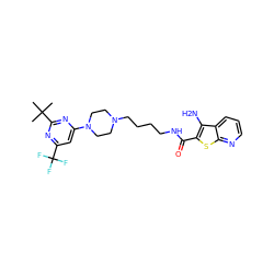 CC(C)(C)c1nc(N2CCN(CCCCNC(=O)c3sc4ncccc4c3N)CC2)cc(C(F)(F)F)n1 ZINC000299828307