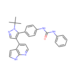 CC(C)(C)n1ncc(-c2ccnc3[nH]ccc23)c1-c1ccc(NC(=O)Nc2ccccc2)cc1 ZINC000049113576