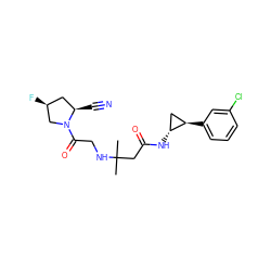 CC(C)(CC(=O)N[C@@H]1C[C@H]1c1cccc(Cl)c1)NCC(=O)N1C[C@@H](F)C[C@H]1C#N ZINC000040379208