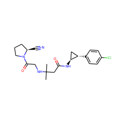 CC(C)(CC(=O)N[C@H]1C[C@@H]1c1ccc(Cl)cc1)NCC(=O)N1CCC[C@H]1C#N ZINC000040915174