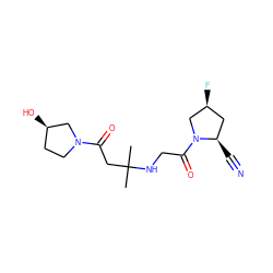 CC(C)(CC(=O)N1CC[C@@H](O)C1)NCC(=O)N1C[C@@H](F)C[C@H]1C#N ZINC000049034031