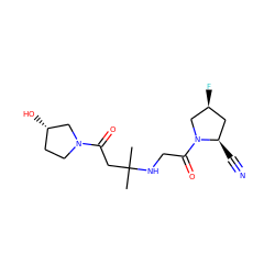 CC(C)(CC(=O)N1CC[C@H](O)C1)NCC(=O)N1C[C@@H](F)C[C@H]1C#N ZINC000049037316