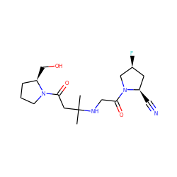 CC(C)(CC(=O)N1CCC[C@H]1CO)NCC(=O)N1C[C@@H](F)C[C@H]1C#N ZINC000049049198