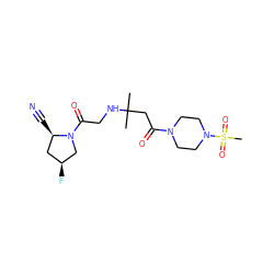 CC(C)(CC(=O)N1CCN(S(C)(=O)=O)CC1)NCC(=O)N1C[C@@H](F)C[C@H]1C#N ZINC000049109667