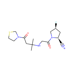 CC(C)(CC(=O)N1CCSC1)NCC(=O)N1C[C@@H](F)C[C@H]1C#N ZINC000049046968