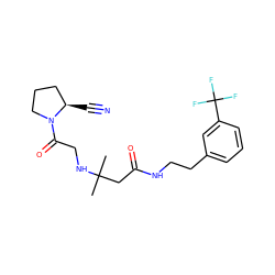 CC(C)(CC(=O)NCCc1cccc(C(F)(F)F)c1)NCC(=O)N1CCC[C@H]1C#N ZINC000036310891