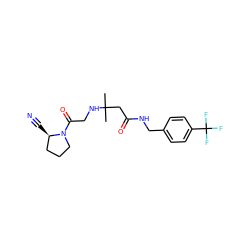 CC(C)(CC(=O)NCc1ccc(C(F)(F)F)cc1)NCC(=O)N1CCC[C@H]1C#N ZINC000036310906