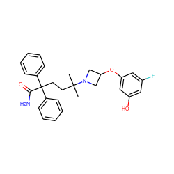 CC(C)(CCC(C(N)=O)(c1ccccc1)c1ccccc1)N1CC(Oc2cc(O)cc(F)c2)C1 ZINC000034984675