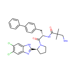 CC(C)(CN)C(=O)N[C@@H](Cc1ccc(-c2ccccc2)cc1)C(=O)N1CCC[C@H]1c1nc2cc(Cl)c(Cl)cc2[nH]1 ZINC000064526914