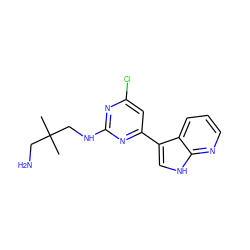 CC(C)(CN)CNc1nc(Cl)cc(-c2c[nH]c3ncccc23)n1 ZINC000063539694