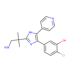 CC(C)(CN)c1nc(-c2ccc(Cl)c(O)c2)c(-c2ccncc2)[nH]1 ZINC000028563455