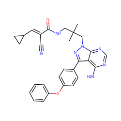 CC(C)(CNC(=O)/C(C#N)=C/C1CC1)Cn1nc(-c2ccc(Oc3ccccc3)cc2)c2c(N)ncnc21 ZINC000149447451