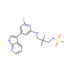 CC(C)(CNc1cc(-c2c[nH]c3ncccc23)cc(Cl)n1)CNS(C)(=O)=O ZINC000063539661