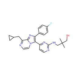 CC(C)(CO)CNc1nccc(-c2c(-c3ccc(F)cc3)nc3c(CC4CC4)nccn23)n1 ZINC000034948013