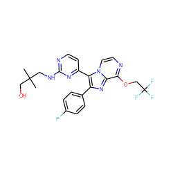 CC(C)(CO)CNc1nccc(-c2c(-c3ccc(F)cc3)nc3c(OCC(F)(F)F)nccn23)n1 ZINC000063540188