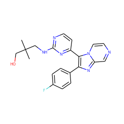 CC(C)(CO)CNc1nccc(-c2c(-c3ccc(F)cc3)nc3cnccn23)n1 ZINC000063298390