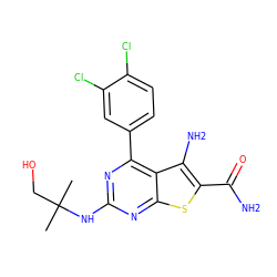 CC(C)(CO)Nc1nc(-c2ccc(Cl)c(Cl)c2)c2c(N)c(C(N)=O)sc2n1 ZINC000073220286