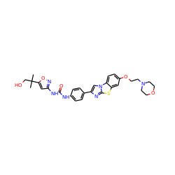 CC(C)(CO)c1cc(NC(=O)Nc2ccc(-c3cn4c(n3)sc3cc(OCCN5CCOCC5)ccc34)cc2)no1 ZINC000114550873