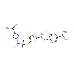 CC(C)(Cc1ccc(C(=O)Oc2ccc(C(=N)N)cc2F)s1)C(=O)N1CC(C(=O)O)C1 ZINC000210450983