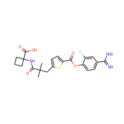 CC(C)(Cc1ccc(C(=O)Oc2ccc(C(=N)N)cc2F)s1)C(=O)NC1(C(=O)O)CCC1 ZINC000210447216