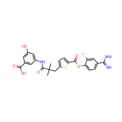 CC(C)(Cc1ccc(C(=O)Oc2ccc(C(=N)N)cc2F)s1)C(=O)Nc1cc(O)cc(C(=O)O)c1 ZINC000473165275