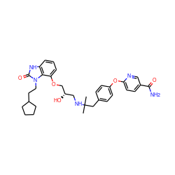 CC(C)(Cc1ccc(Oc2ccc(C(N)=O)cn2)cc1)NC[C@H](O)COc1cccc2[nH]c(=O)n(CCC3CCCC3)c12 ZINC000038151181