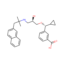 CC(C)(Cc1ccc2ccccc2c1)NC[C@@H](O)CO[C@@H](c1cccc(C(=O)O)c1)C1CC1 ZINC000066099014