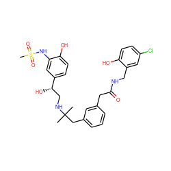 CC(C)(Cc1cccc(CC(=O)NCc2cc(Cl)ccc2O)c1)NC[C@H](O)c1ccc(O)c(NS(C)(=O)=O)c1 ZINC000064564401