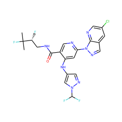 CC(C)(F)[C@H](F)CNC(=O)c1cnc(-n2ncc3cc(Cl)cnc32)cc1Nc1cnn(C(F)F)c1 ZINC001772589536