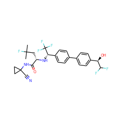 CC(C)(F)C[C@H](N[C@@H](c1ccc(-c2ccc([C@@H](O)C(F)F)cc2)cc1)C(F)(F)F)C(=O)NC1(C#N)CC1 ZINC000049757442