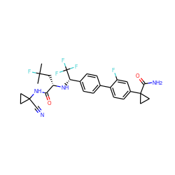 CC(C)(F)C[C@H](N[C@@H](c1ccc(-c2ccc(C3(C(N)=O)CC3)cc2F)cc1)C(F)(F)F)C(=O)NC1(C#N)CC1 ZINC000066097344