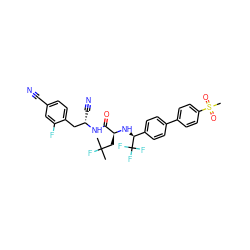 CC(C)(F)C[C@H](N[C@@H](c1ccc(-c2ccc(S(C)(=O)=O)cc2)cc1)C(F)(F)F)C(=O)N[C@@H](C#N)Cc1ccc(C#N)cc1F ZINC000072149344